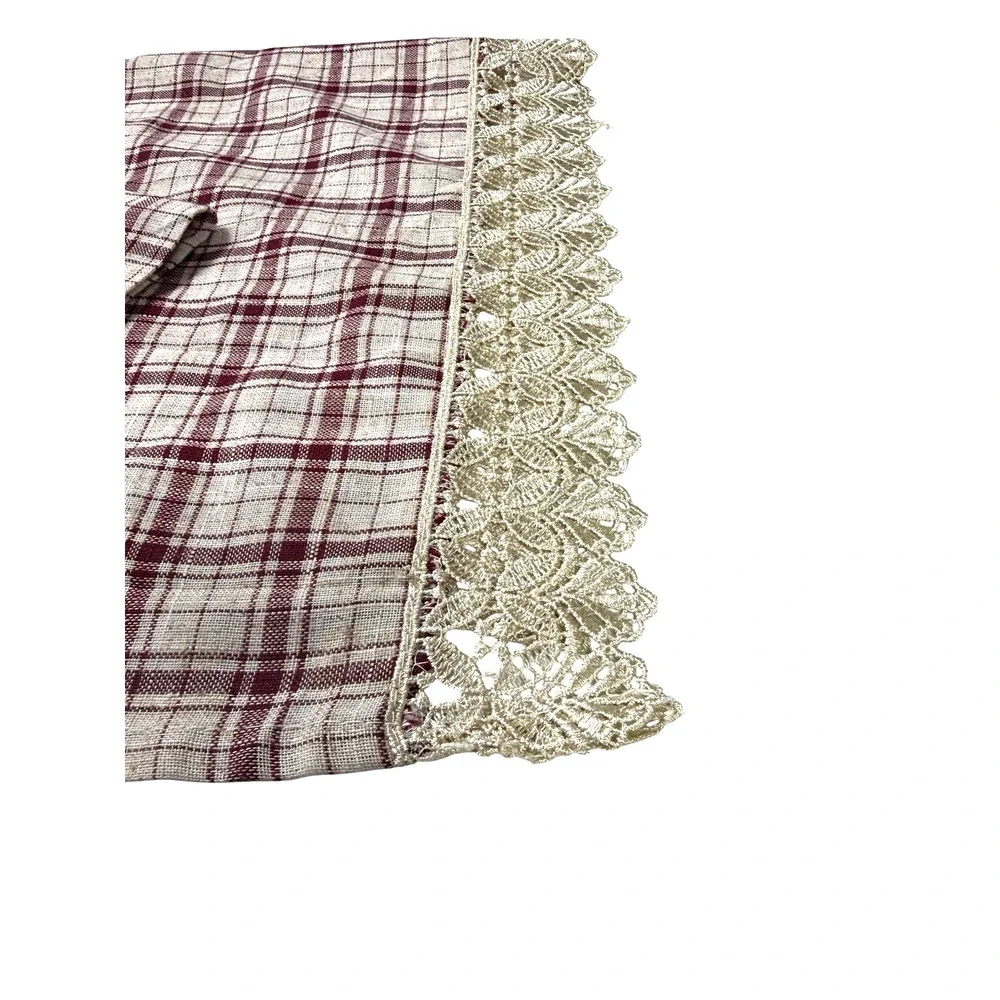 1 Single Vintage Curtain Panel Short Drape Red Beige Plaid Gold Lace Trim Linen